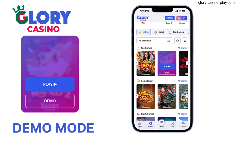Demo mode on the Glory Casino app