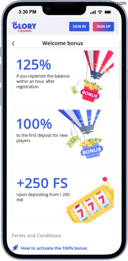 Screenshot of the Glory Casino app's bonuses page