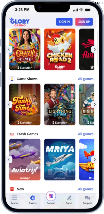Screenshot of the Glory Casino app's casino page