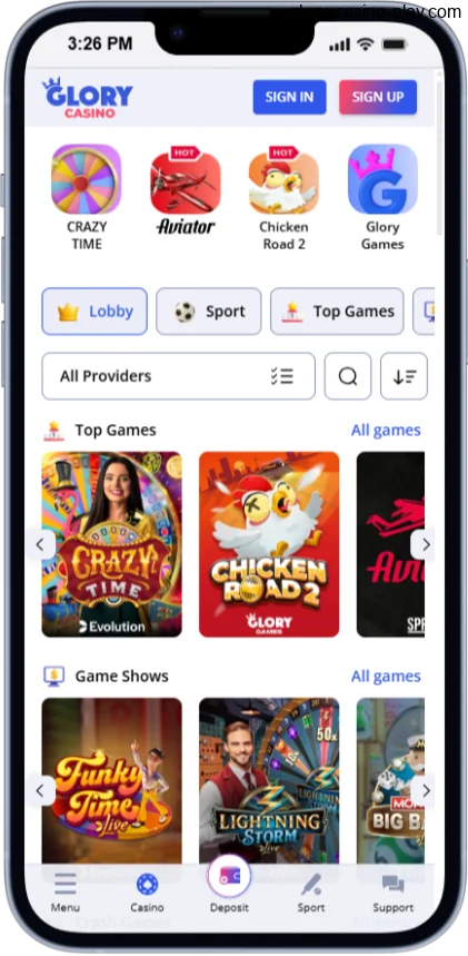 Screenshot of the Glory Casino app's main page