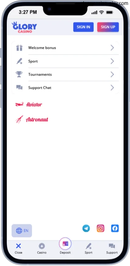 Screenshot of the Glory Casino app's side menu
