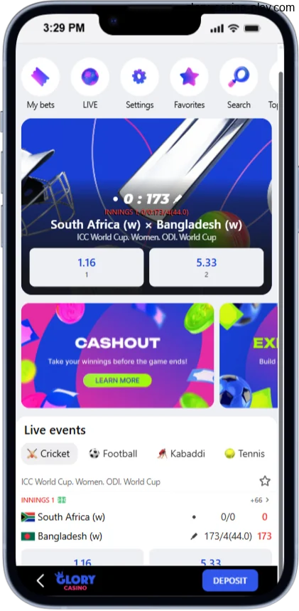 Screenshot of the Glory Casino app's sports page